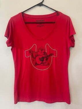 True Religion Red V-Neck Studded Graphic Tee